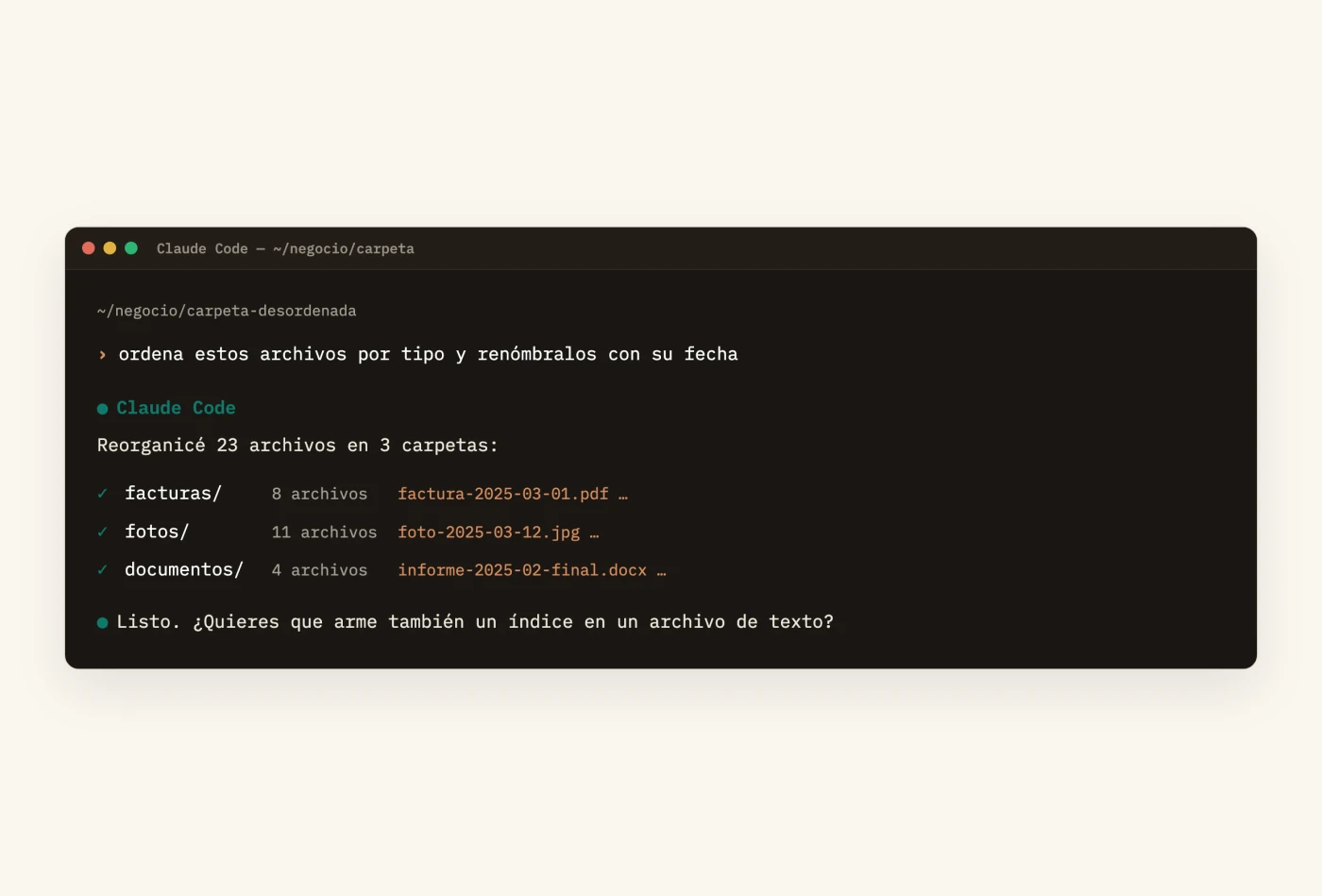 Claude Code ordenando y renombrando archivos a partir de una instrucción en español